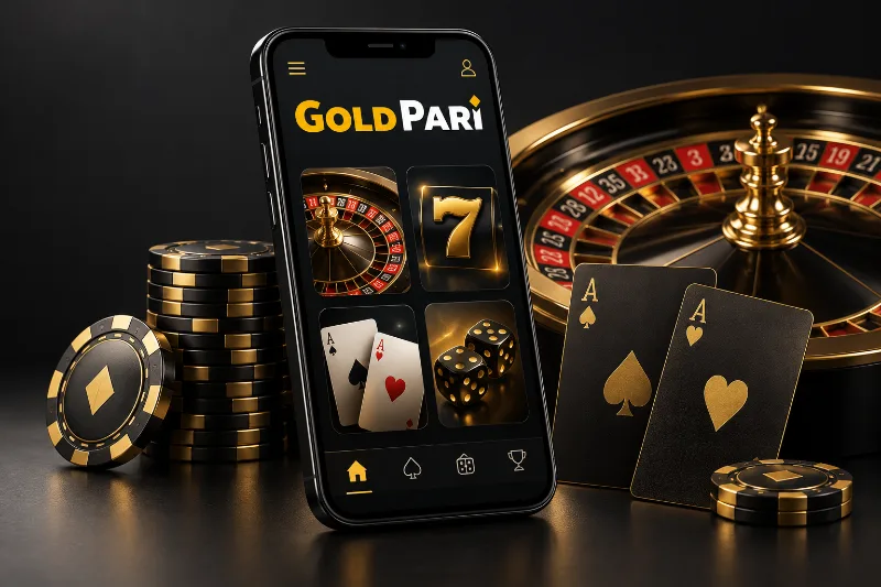 Phone, roulette wheel and playing cards for Gold Pari