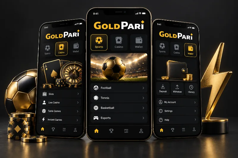 Gold Pari event, casino and balance screens